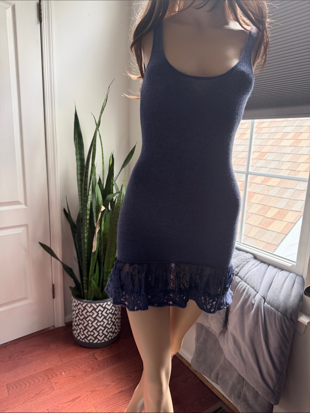 Free People Navy Knit Lace-Hem Slip Dress